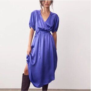 Maeve by Anthropologie Purple Wrap Midi Dress, Size L Katrina Puff Sleeves